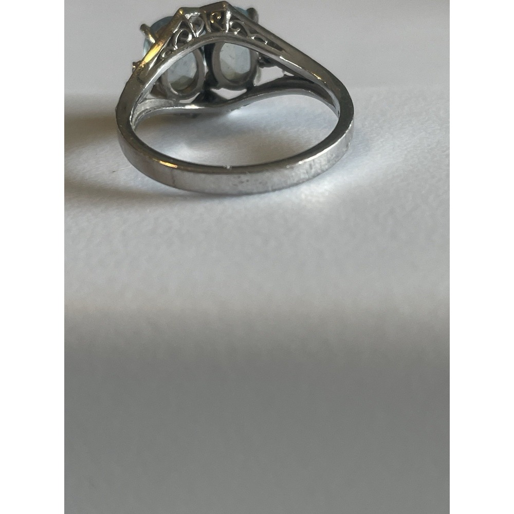 14K White Gold Blue Stone Ring Aquamarine 2 Oval Diamond Accent Vintage Sz 5.5 - Picture 5 of 8
